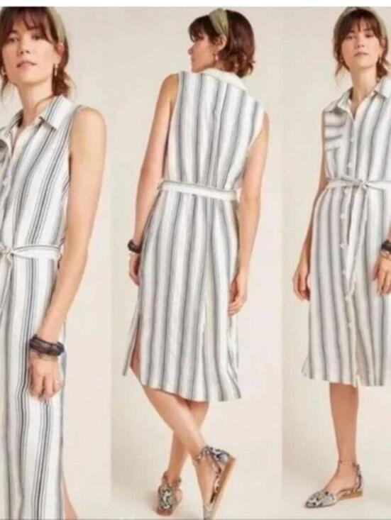 Anthropologie Dresses & Skirts - Maeve Anthropologie Striped Shirtdress Size 2 Button Front Midi Belted Dress